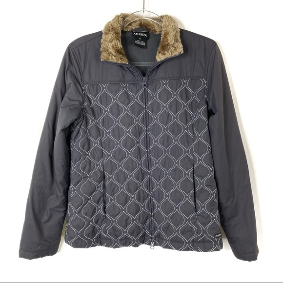 Athleta | Brown Quilted Fur Collar Jacket M - Picture 1 of 4
